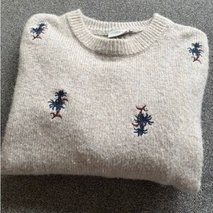 Cream Embroidered Crewneck Sweater - Blue Floral Motif